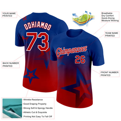 Custom Royal Red-White 3D Pattern Design Gradient Style Twinkle Star Performance T-Shirt