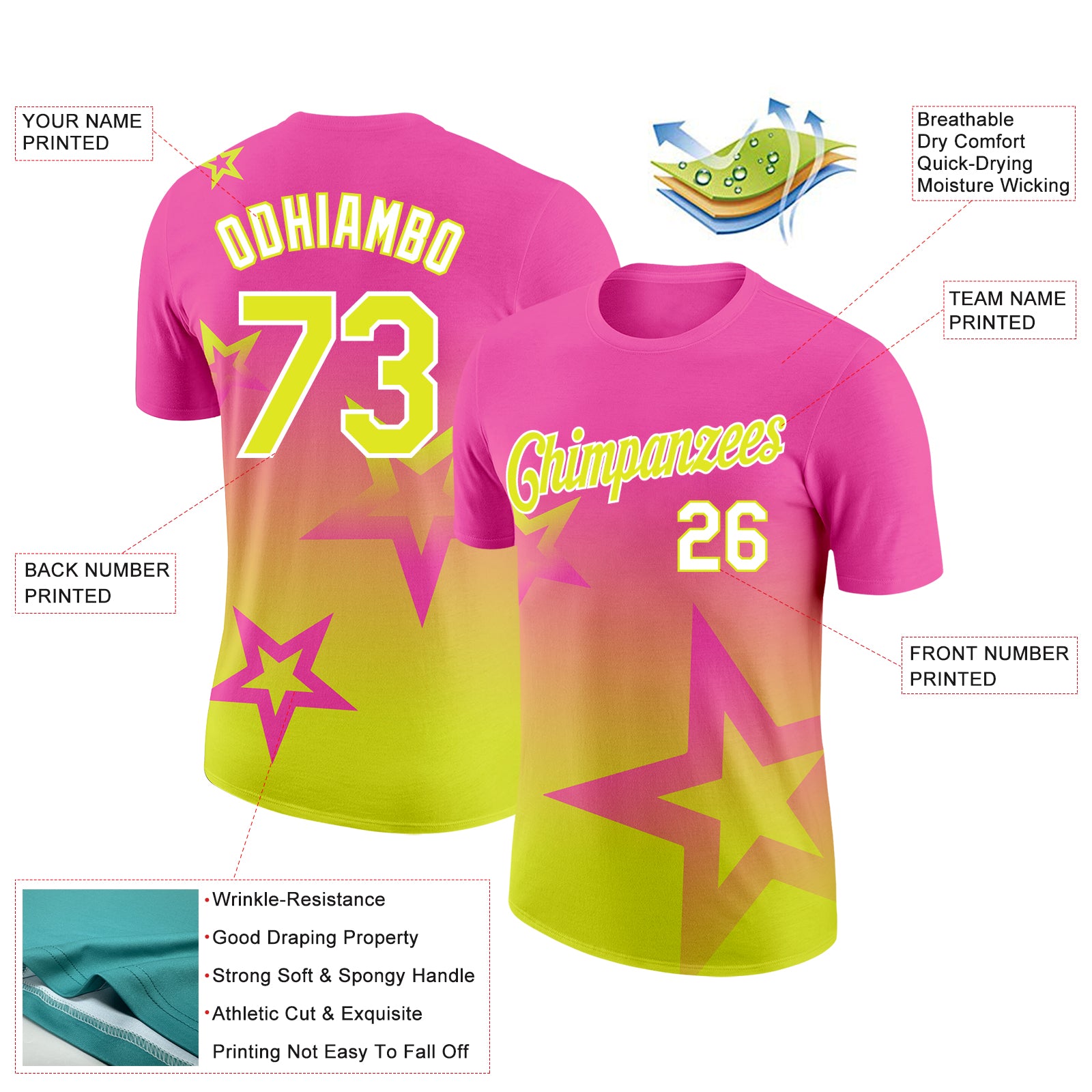 Custom Pink Neon Yellow-White 3D Pattern Design Gradient Style Twinkle Star Performance T-Shirt