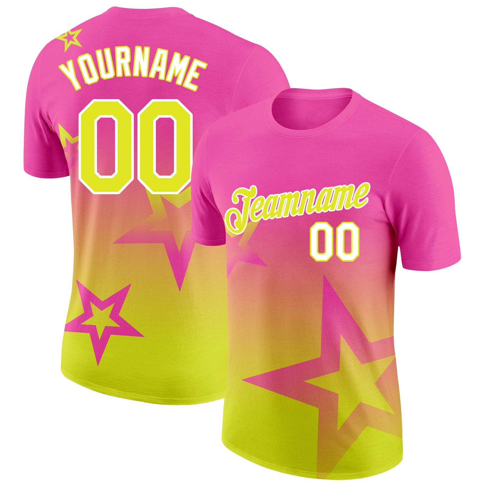 Custom Pink Neon Yellow-White 3D Pattern Design Gradient Style Twinkle Star Performance T-Shirt