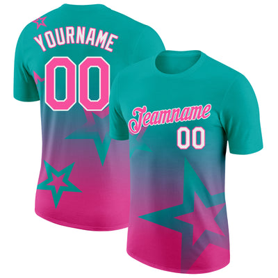 Custom Aqua Pink-White 3D Pattern Design Gradient Style Twinkle Star Performance T-Shirt