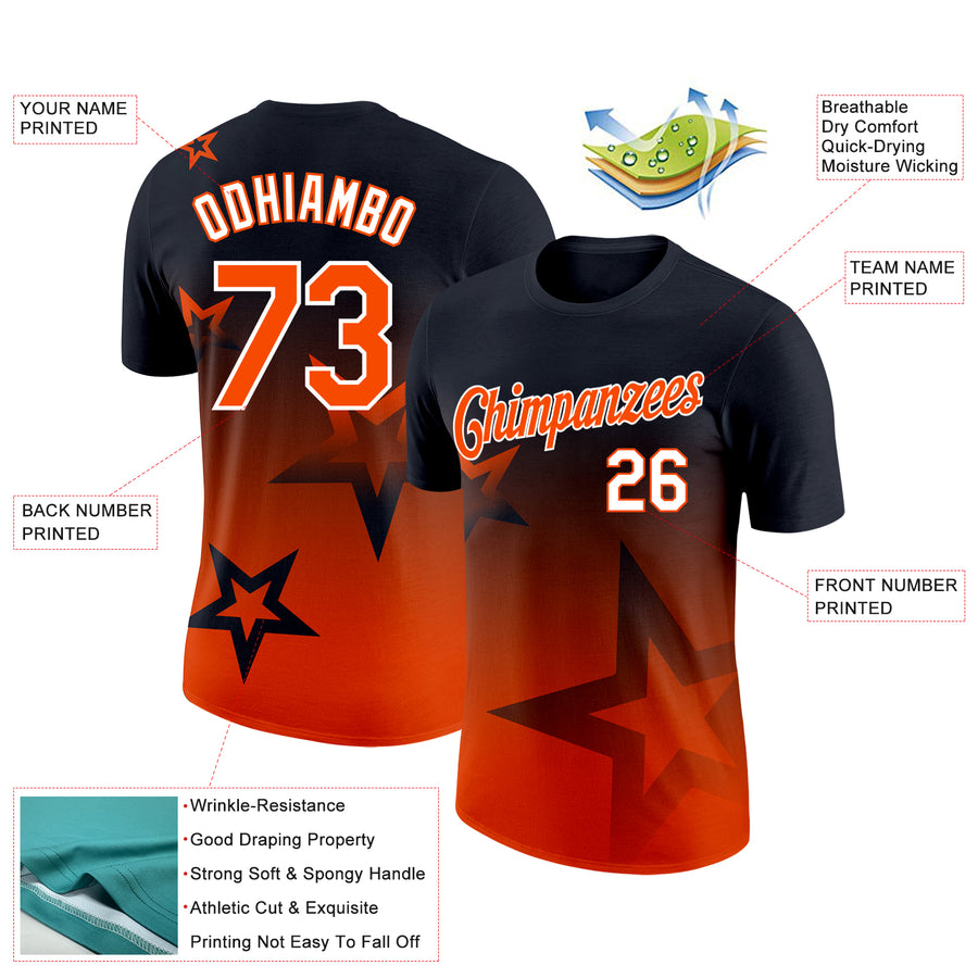 Custom Black Orange-White 3D Pattern Design Gradient Style Twinkle Star Performance T-Shirt