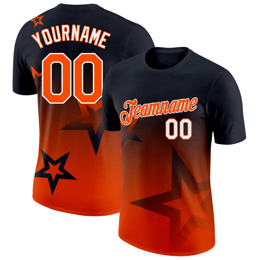 Custom Black Orange-White 3D Pattern Design Gradient Style Twinkle Star Performance T-Shirt
