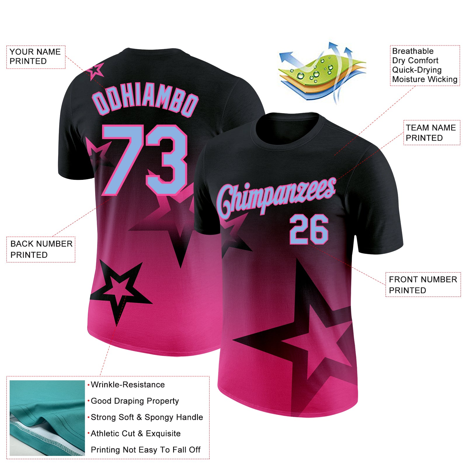Custom Black Light Blue-Pink 3D Pattern Design Gradient Style Twinkle Star Performance T-Shirt