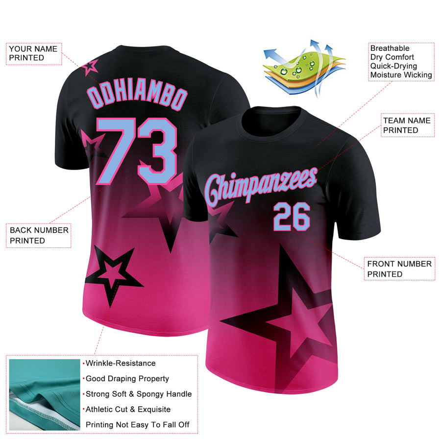 Custom Black Light Blue-Pink 3D Pattern Design Gradient Style Twinkle Star Performance T-Shirt