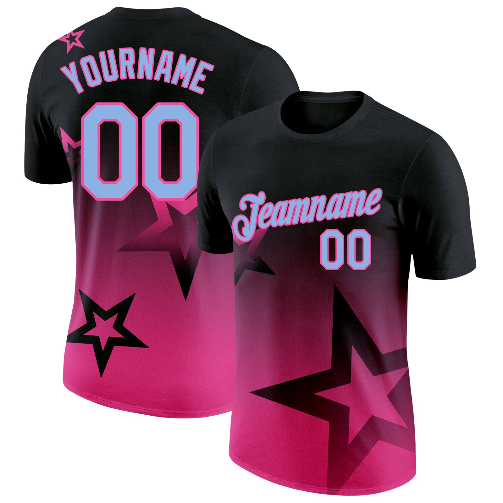 Custom Black Light Blue-Pink 3D Pattern Design Gradient Style Twinkle Star Performance T-Shirt
