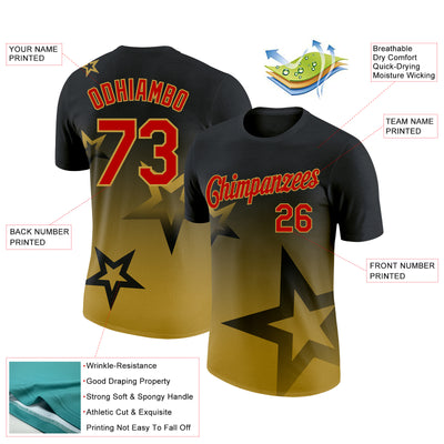 Custom Black Red-Old Gold 3D Pattern Design Gradient Style Twinkle Star Performance T-Shirt