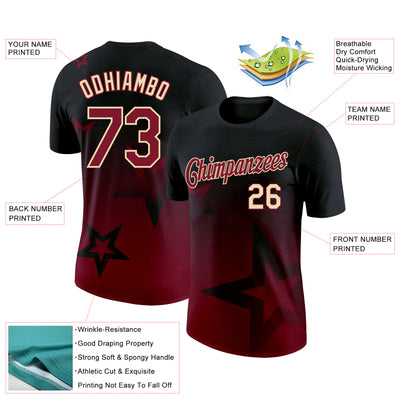 Custom Black Crimson-Cream 3D Pattern Design Gradient Style Twinkle Star Performance T-Shirt