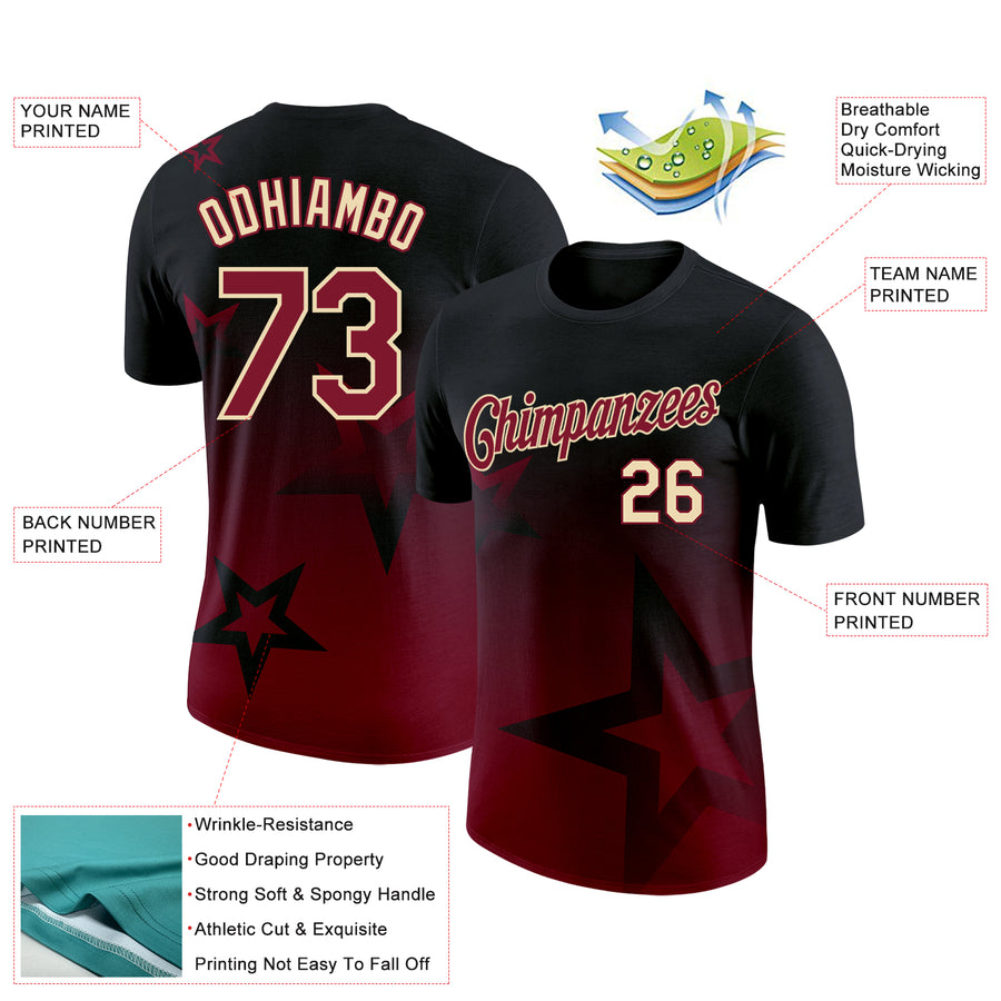 Custom Black Crimson-Cream 3D Pattern Design Gradient Style Twinkle Star Performance T-Shirt
