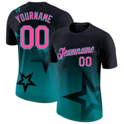 Custom Black Pink-Teal 3D Pattern Design Gradient Style Twinkle Star Performance T-Shirt