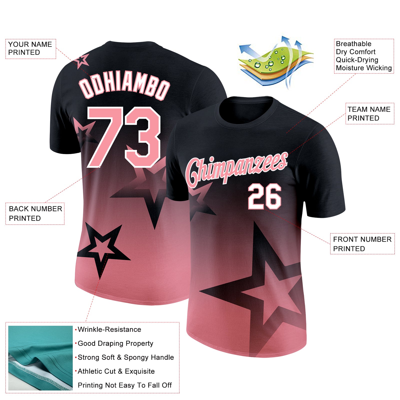 Custom Black Medium Pink-White 3D Pattern Design Gradient Style Twinkle Star Performance T-Shirt
