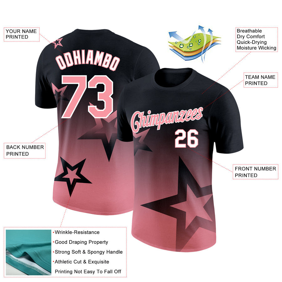 Custom Black Medium Pink-White 3D Pattern Design Gradient Style Twinkle Star Performance T-Shirt