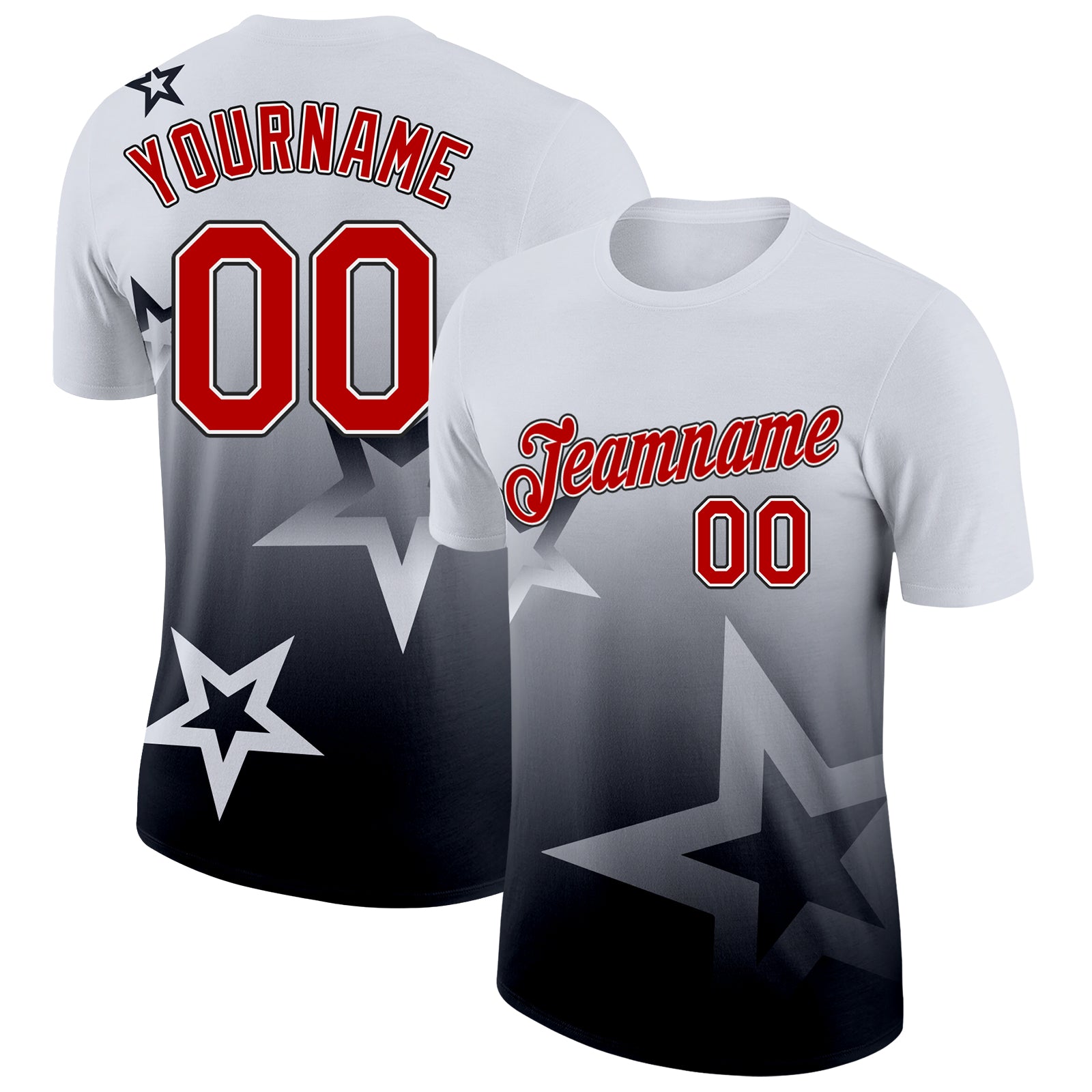 Custom White Red-Black 3D Pattern Design Gradient Style Twinkle Star Performance T-Shirt