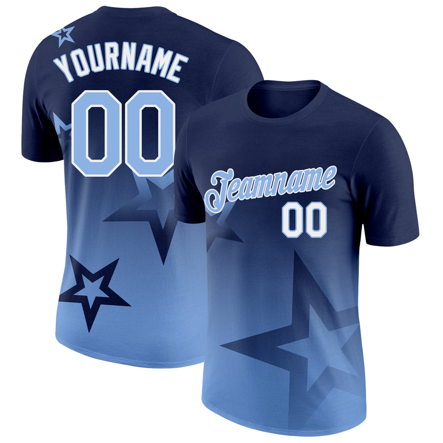 Custom Navy Light Blue-White 3D Pattern Design Gradient Style Twinkle Star Performance T-Shirt