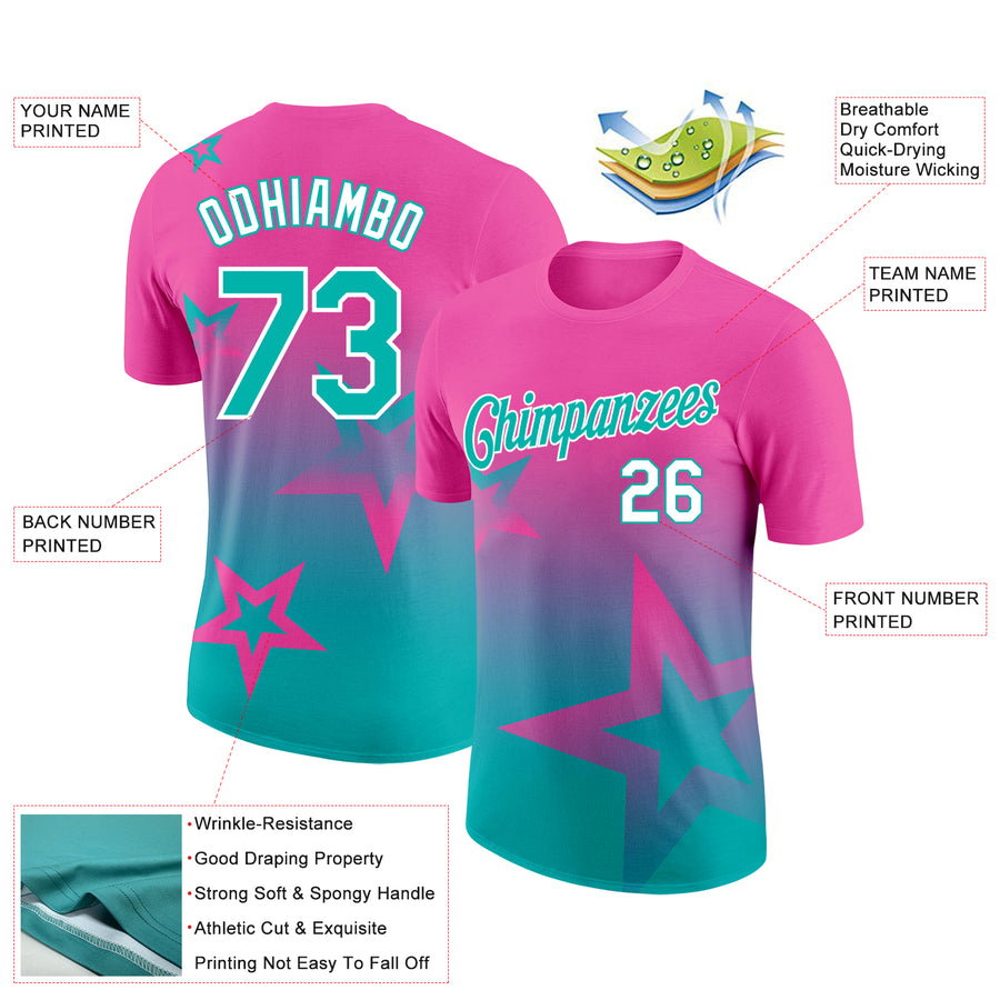 Custom Pink Aqua-White 3D Pattern Design Gradient Style Twinkle Star Performance T-Shirt