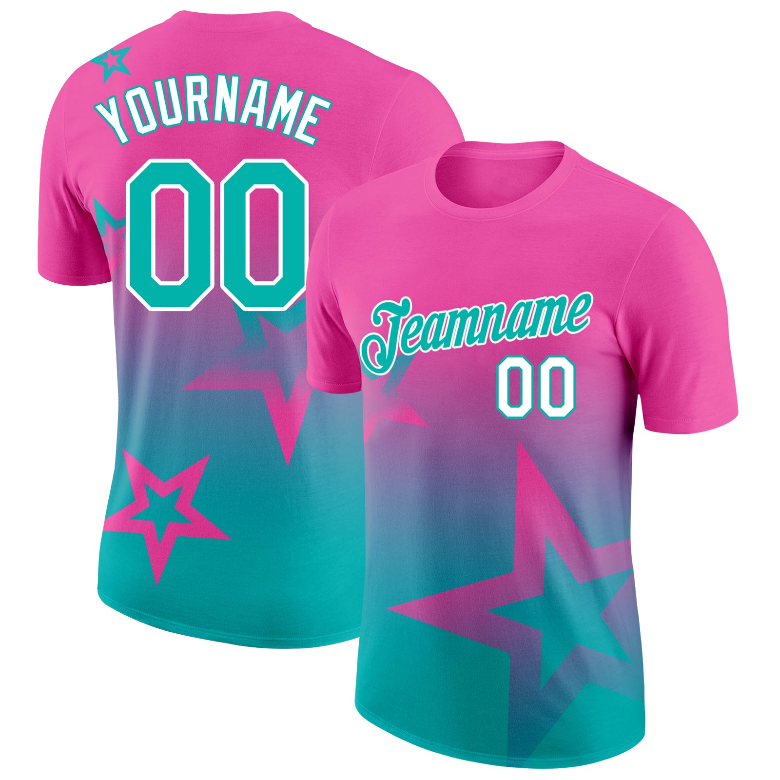Custom Pink Aqua-White 3D Pattern Design Gradient Style Twinkle Star Performance T-Shirt
