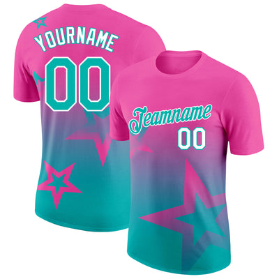 Custom Pink Aqua-White 3D Pattern Design Gradient Style Twinkle Star Performance T-Shirt