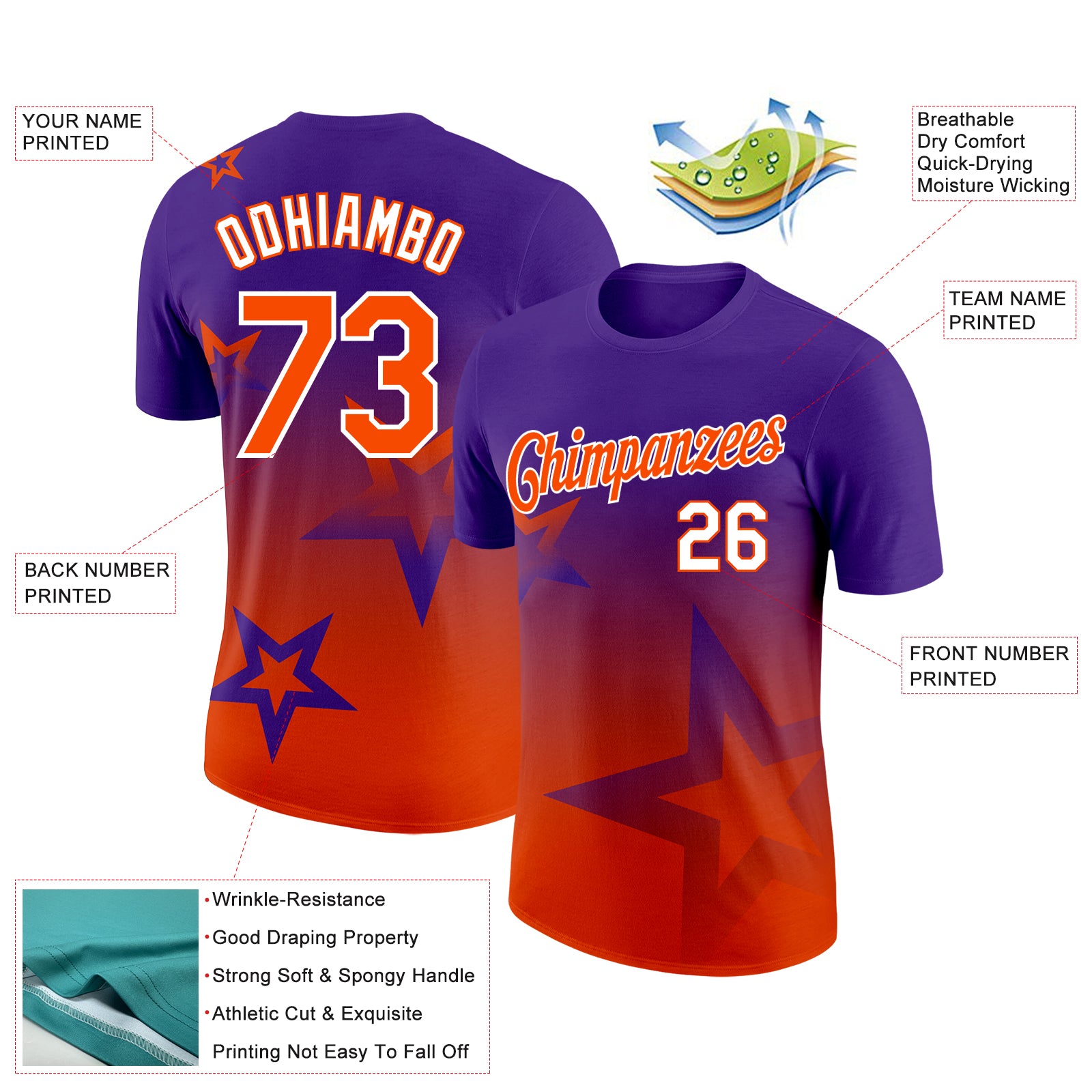 Custom Purple Orange-White 3D Pattern Design Gradient Style Twinkle Star Performance T-Shirt