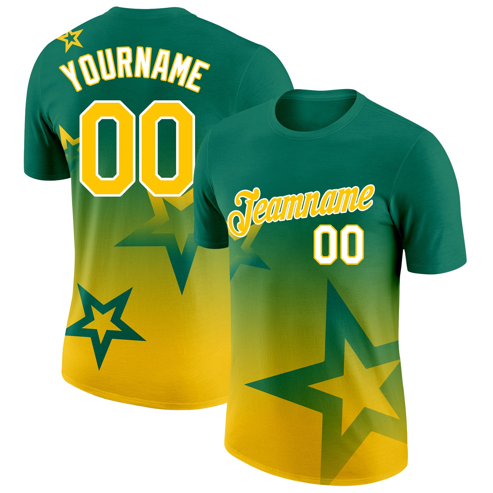 Custom Kelly Green Yellow-White 3D Pattern Design Gradient Style Twinkle Star Performance T-Shirt