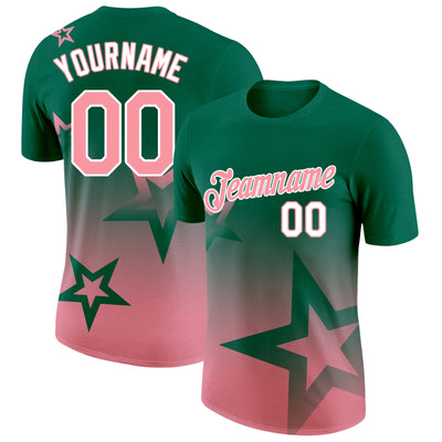 Custom Kelly Green Medium Pink-White 3D Pattern Design Gradient Style Twinkle Star Performance T-Shirt