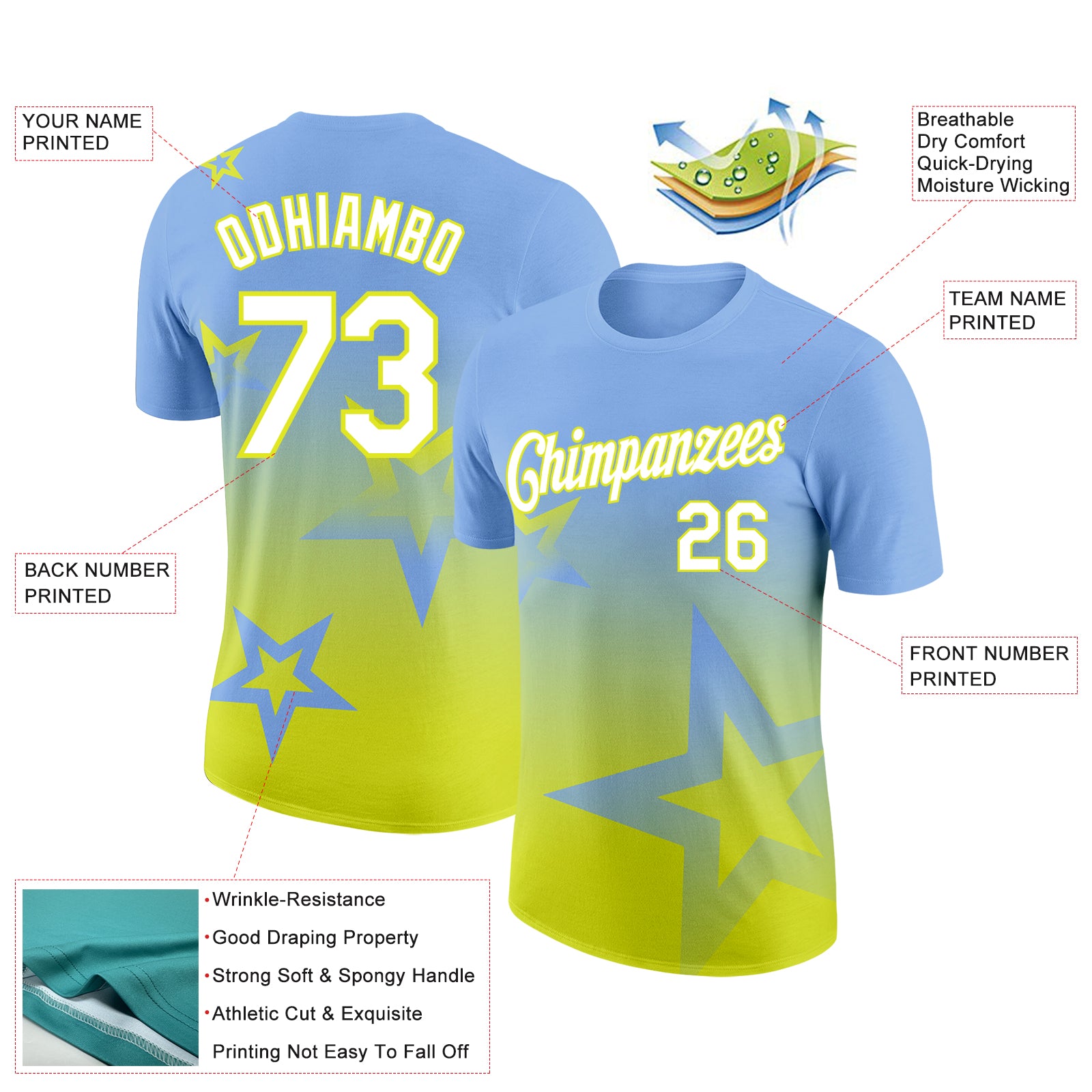 Custom Light Blue White-Neon Yellow 3D Pattern Design Gradient Style Twinkle Star Performance T-Shirt