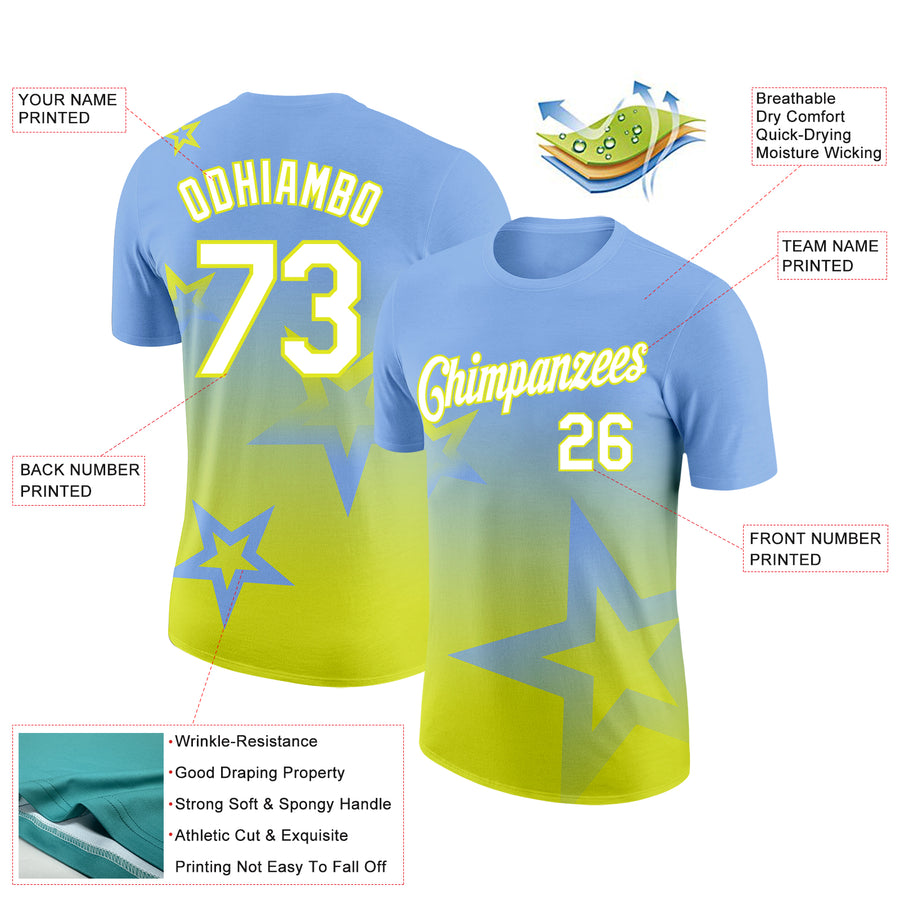 Custom Light Blue White-Neon Yellow 3D Pattern Design Gradient Style Twinkle Star Performance T-Shirt