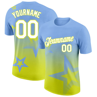 Custom Light Blue White-Neon Yellow 3D Pattern Design Gradient Style Twinkle Star Performance T-Shirt