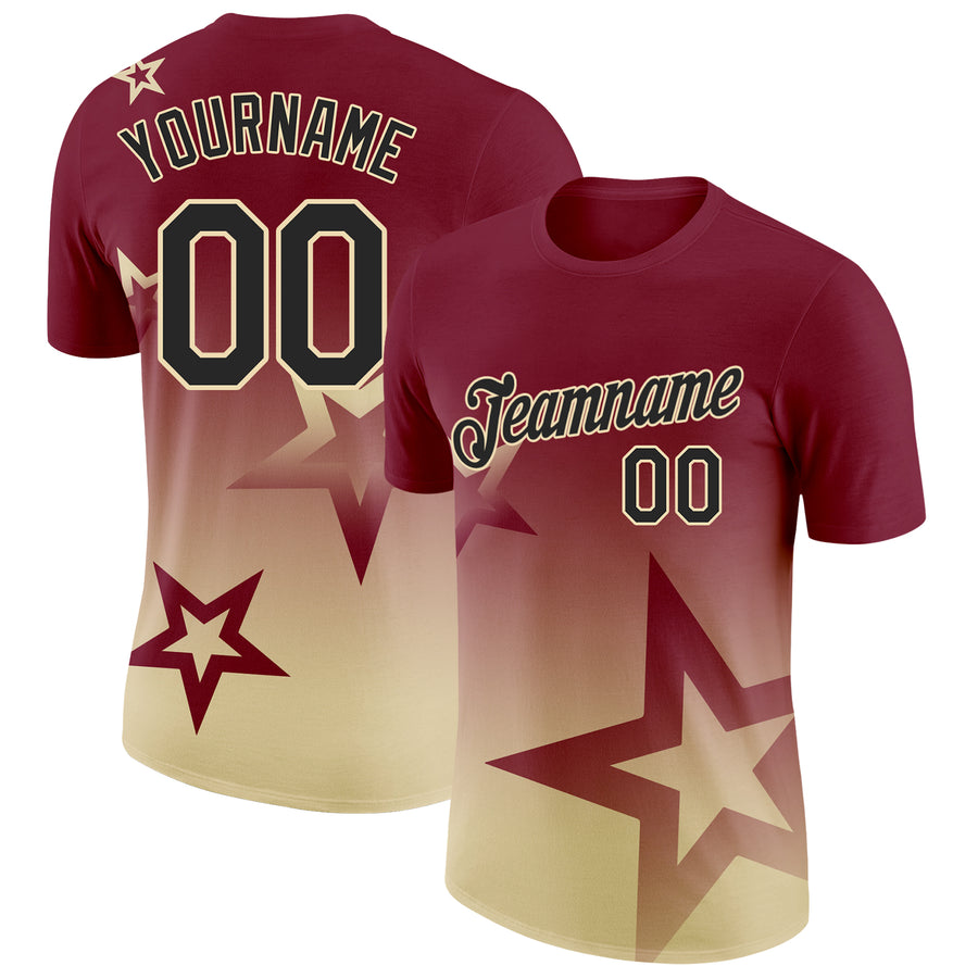 Custom Crimson Black-Cream 3D Pattern Design Gradient Style Twinkle Star Performance T-Shirt