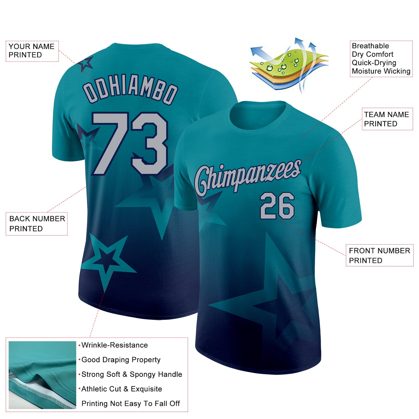 Custom Teal Gray-Navy 3D Pattern Design Gradient Style Twinkle Star Performance T-Shirt