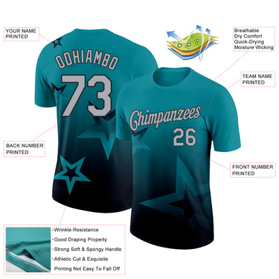 Custom Teal Gray-Black 3D Pattern Design Gradient Style Twinkle Star Performance T-Shirt