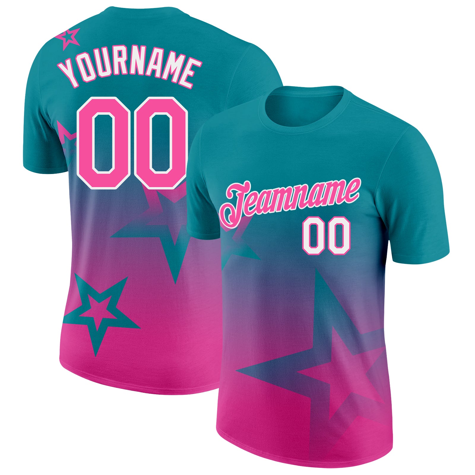 Custom Teal Pink-White 3D Pattern Design Gradient Style Twinkle Star Performance T-Shirt