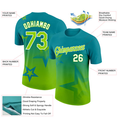 Custom Teal Neon Green-White 3D Pattern Design Gradient Style Twinkle Star Performance T-Shirt