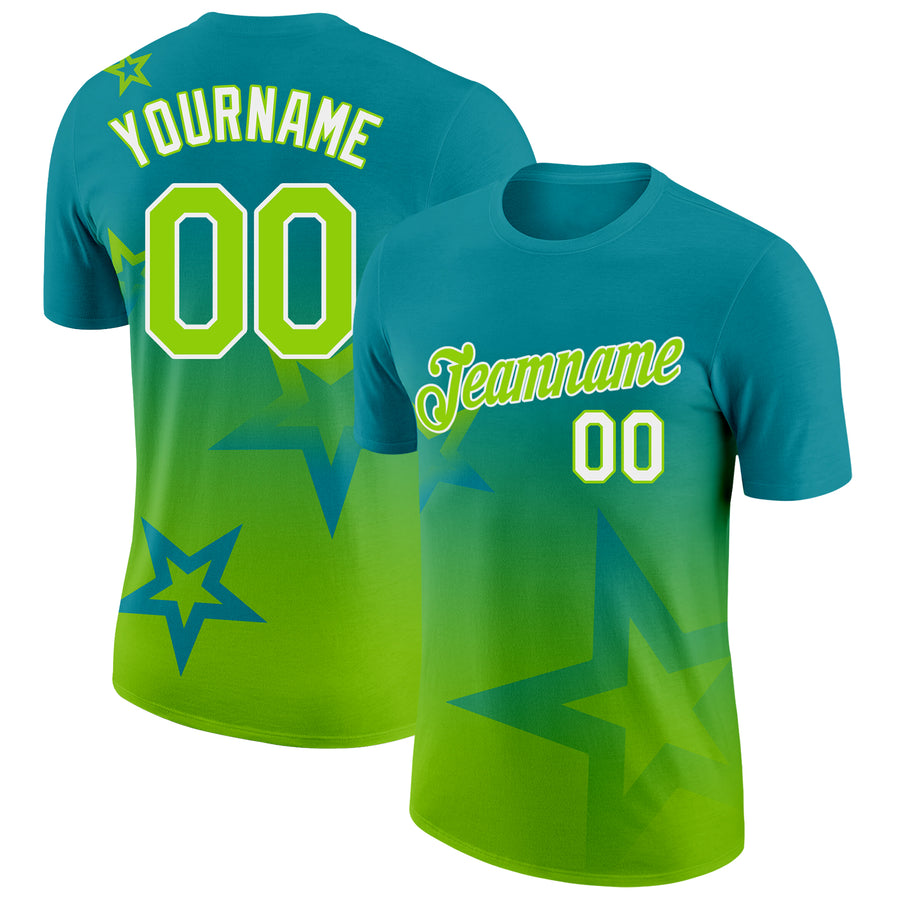 Custom Teal Neon Green-White 3D Pattern Design Gradient Style Twinkle Star Performance T-Shirt