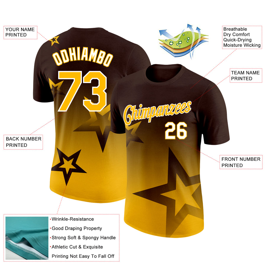 Custom Brown Gold-White 3D Pattern Design Gradient Style Twinkle Star Performance T-Shirt
