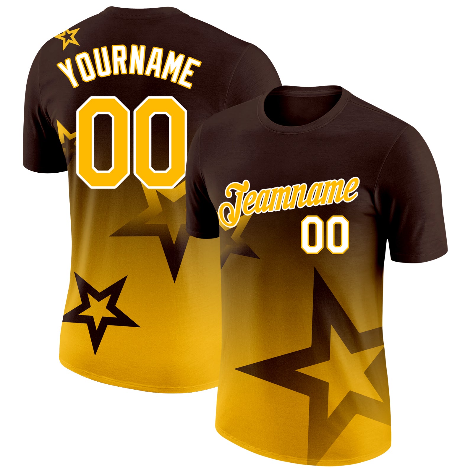 Custom Brown Gold-White 3D Pattern Design Gradient Style Twinkle Star Performance T-Shirt