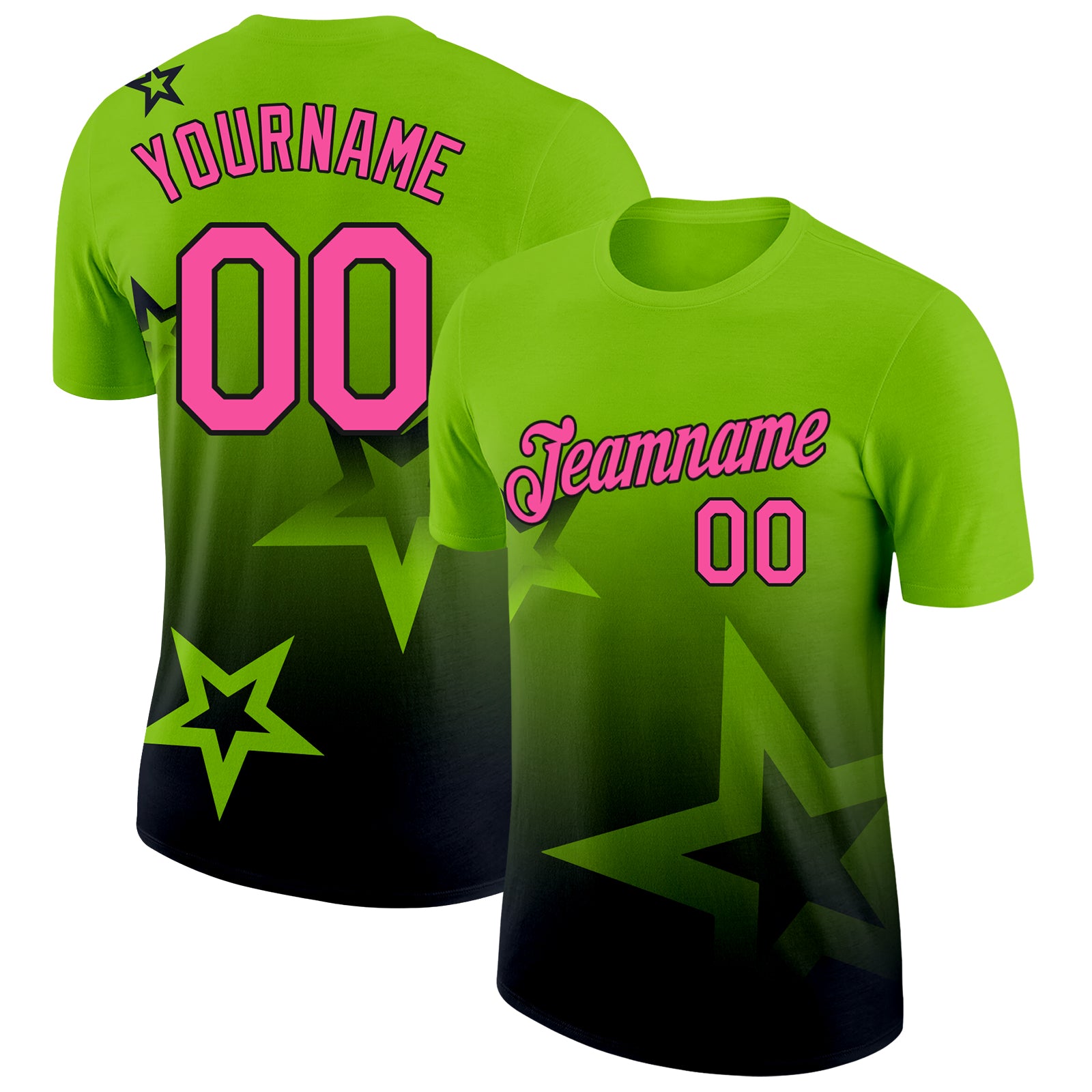 Custom Neon Green Pink-Black 3D Pattern Design Gradient Style Twinkle Star Performance T-Shirt