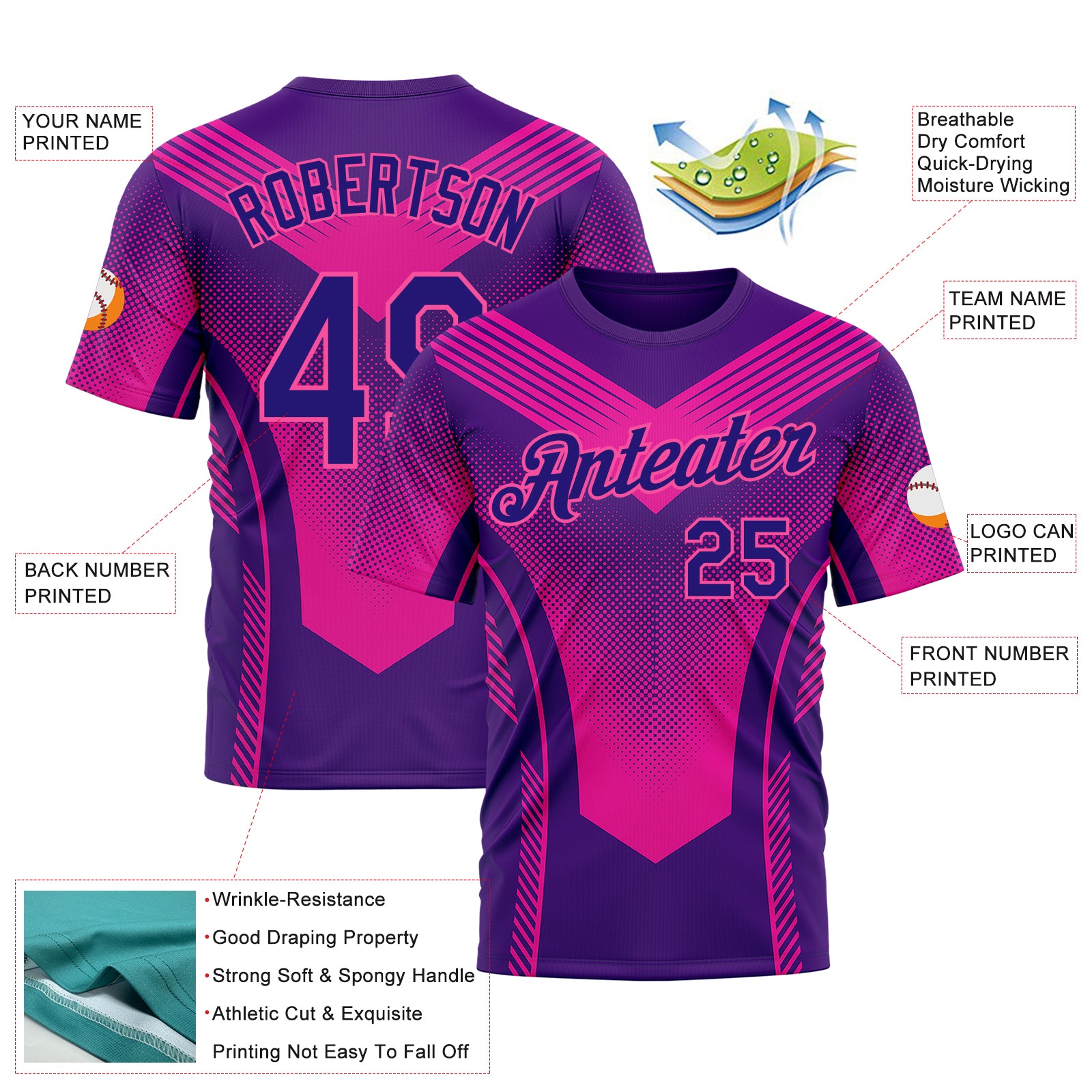 Custom Dark Purple Pink 3D Pattern Design Gradient Neon Sportswear Performance T-Shirt
