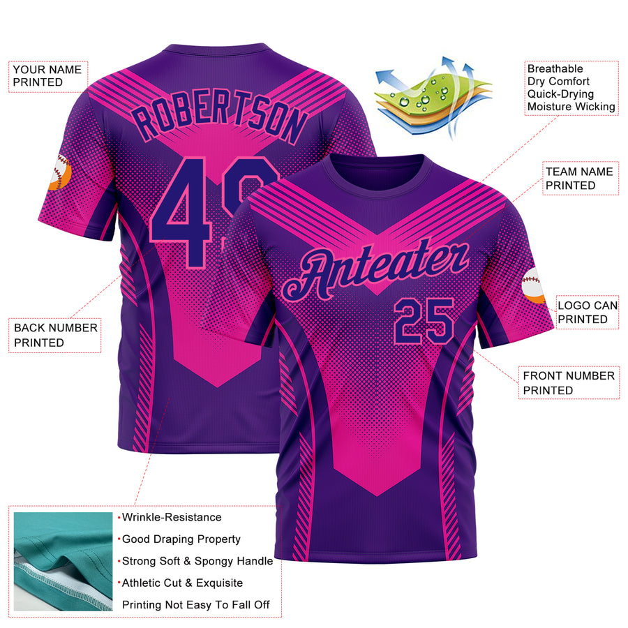 Custom Dark Purple Pink 3D Pattern Design Gradient Neon Sportswear Performance T-Shirt