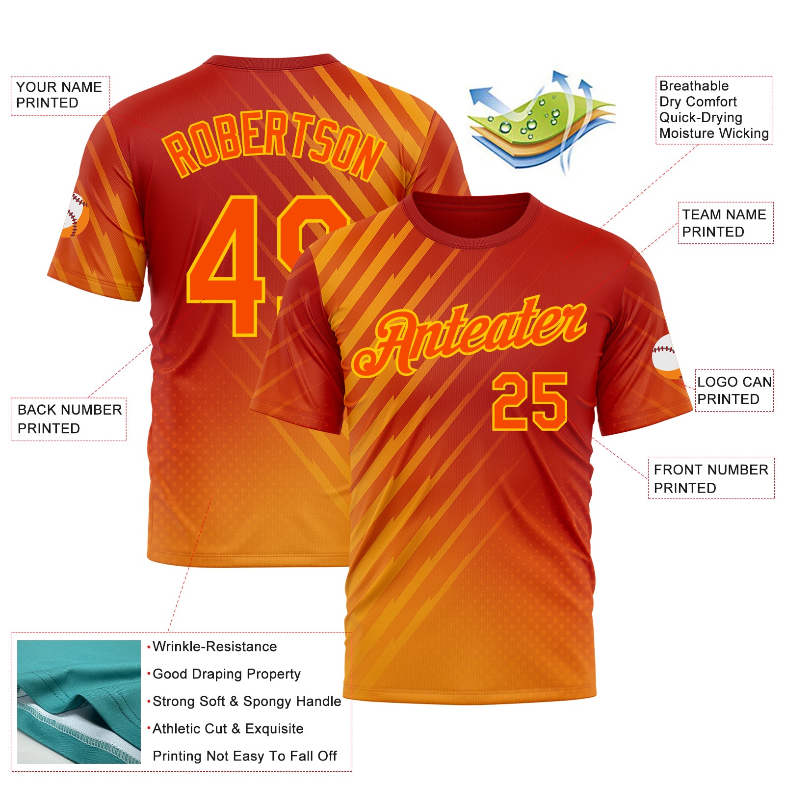 Custom Red Orange-Yellow 3D Pattern Design Spain Sportswear Performance T-Shirt