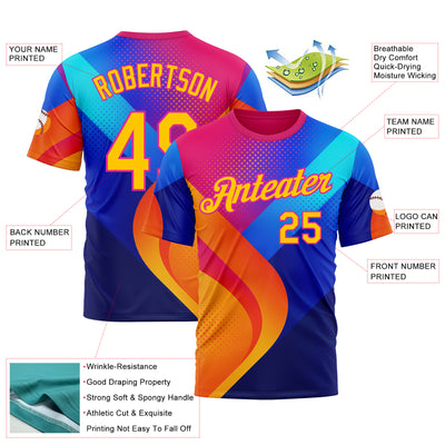 Custom Deep Pink Yellow-Blue 3D Pattern Design Neon Chromatic Sportswear Performance T-Shirt