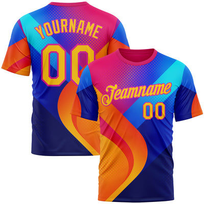 Custom Deep Pink Yellow-Blue 3D Pattern Design Neon Chromatic Sportswear Performance T-Shirt