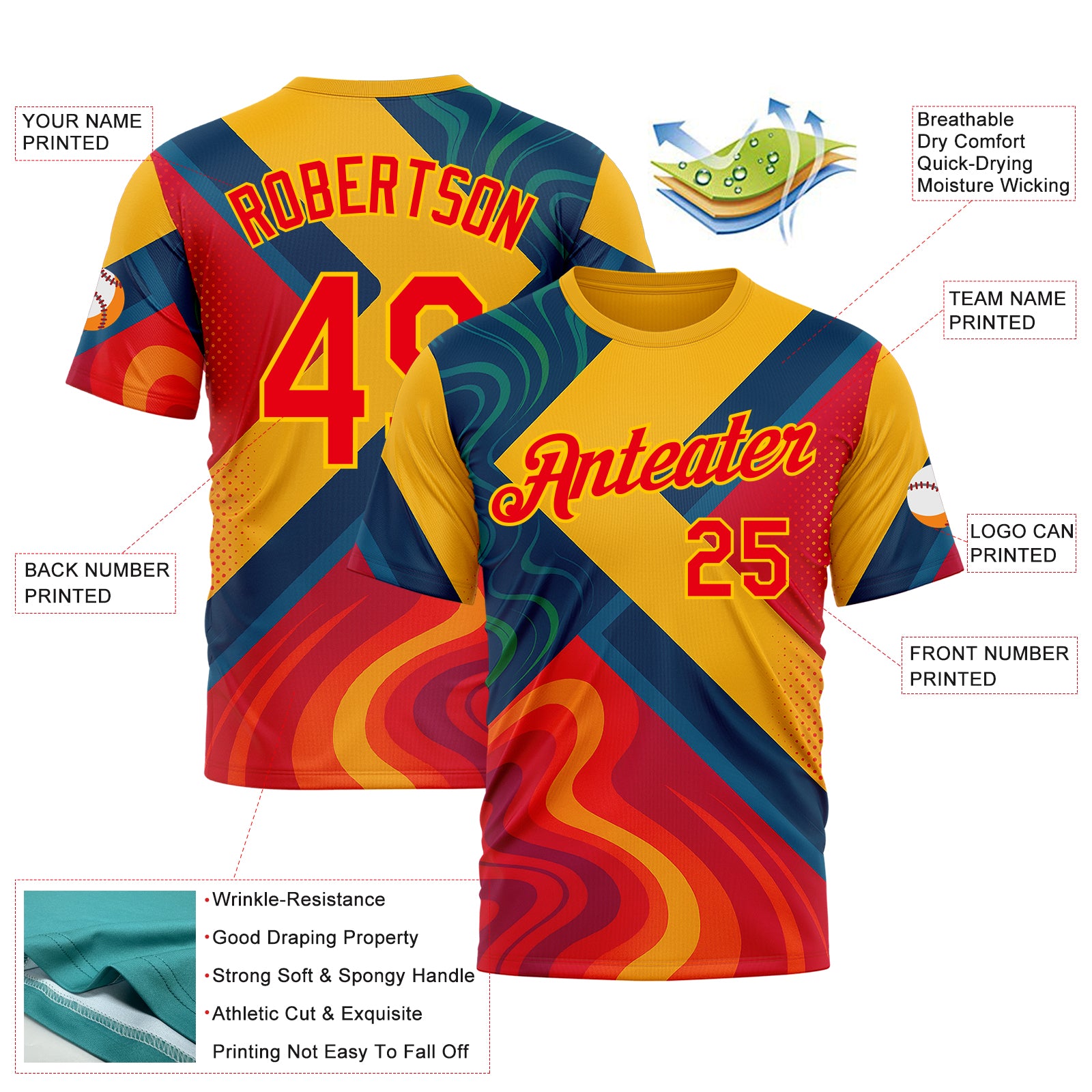 Custom Yellow Fire Red-Blue 3D Pattern Design Spain Marble Sportswear Performance T-Shirt