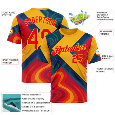 Custom Yellow Fire Red-Blue 3D Pattern Design Spain Marble Sportswear Performance T-Shirt