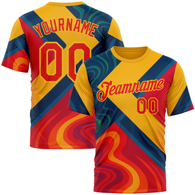 Custom Yellow Fire Red-Blue 3D Pattern Design Spain Marble Sportswear Performance T-Shirt