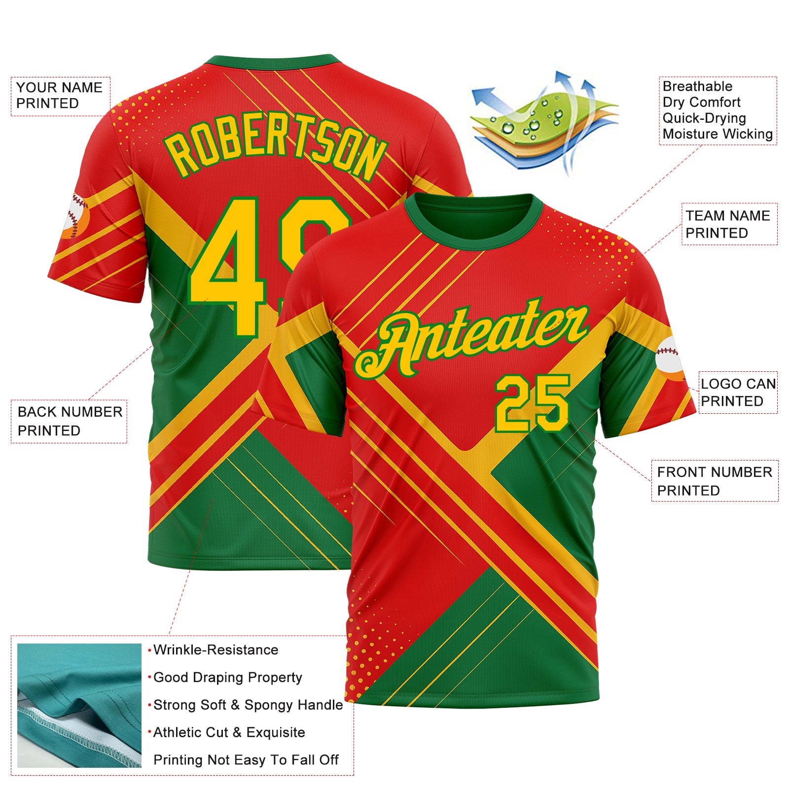 Custom Red Yellow-Grass Green 3D Pattern Design Mexico Brazil Sportswear Performance T-Shirt