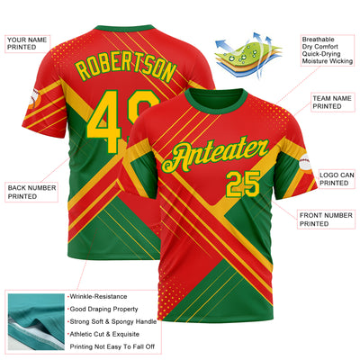 Custom Red Yellow-Grass Green 3D Pattern Design Mexico Brazil Sportswear Performance T-Shirt