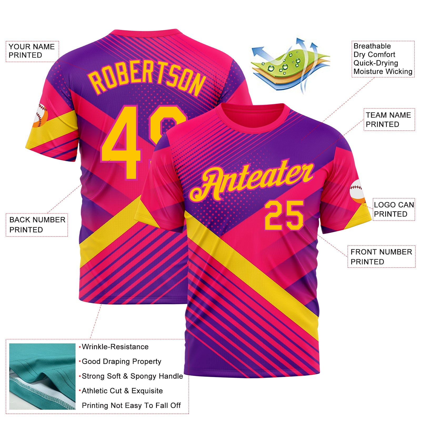 Custom Pink Yellow Purple-Deep Pink 3D Pattern Design Gradient Neon Sportswear Performance T-Shirt