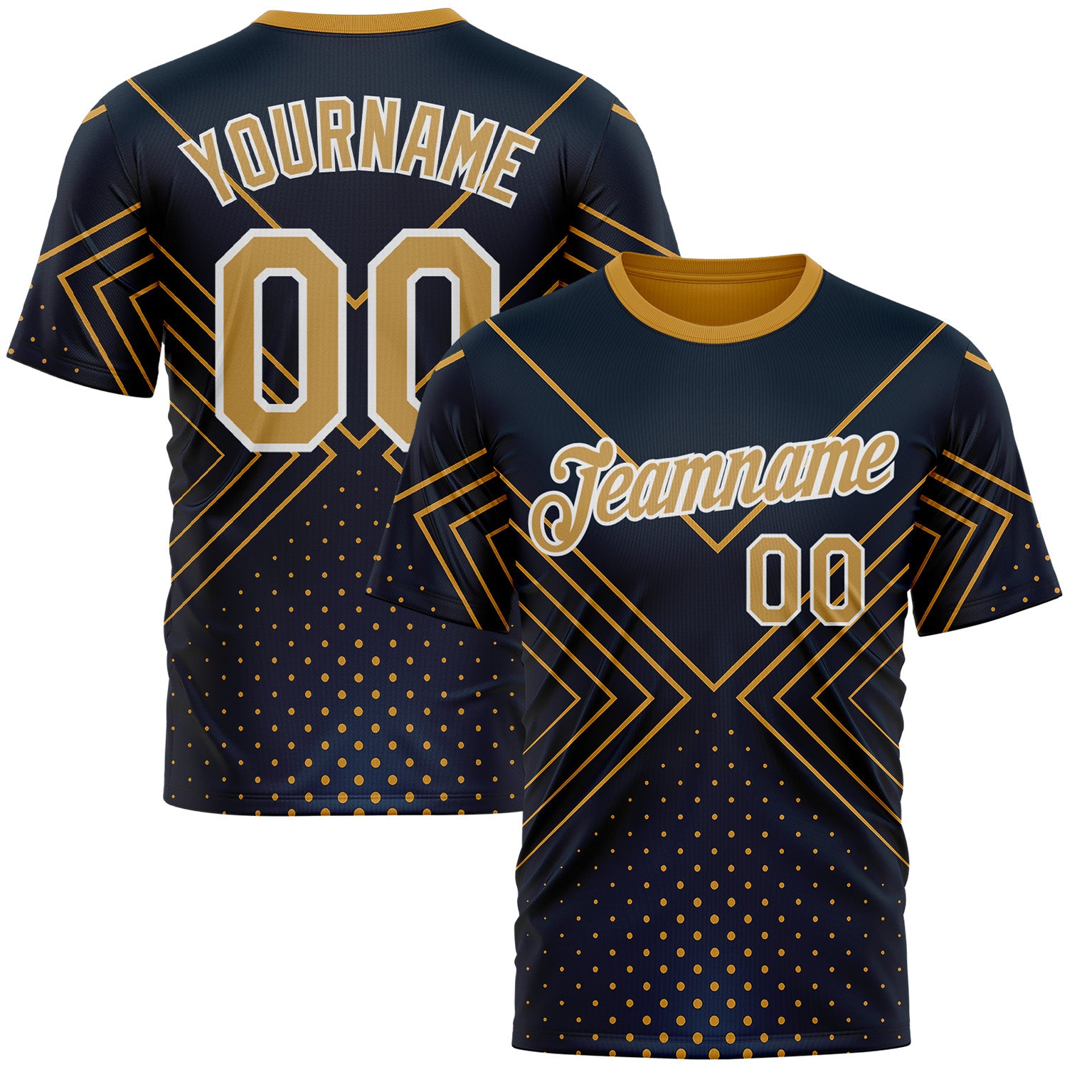 Custom Navy Old Gold-White 3D Pattern Design Geometric Shape Sportswear Performance T-Shirt
