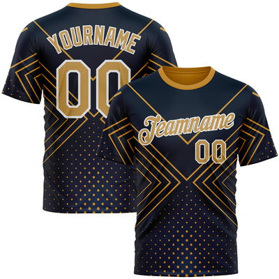 Custom Navy Old Gold-White 3D Pattern Design Geometric Shape Sportswear Performance T-Shirt