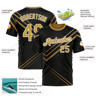 Custom Black Old Gold-White 3D Pattern Design Geometric Shape Sportswear Performance T-Shirt
