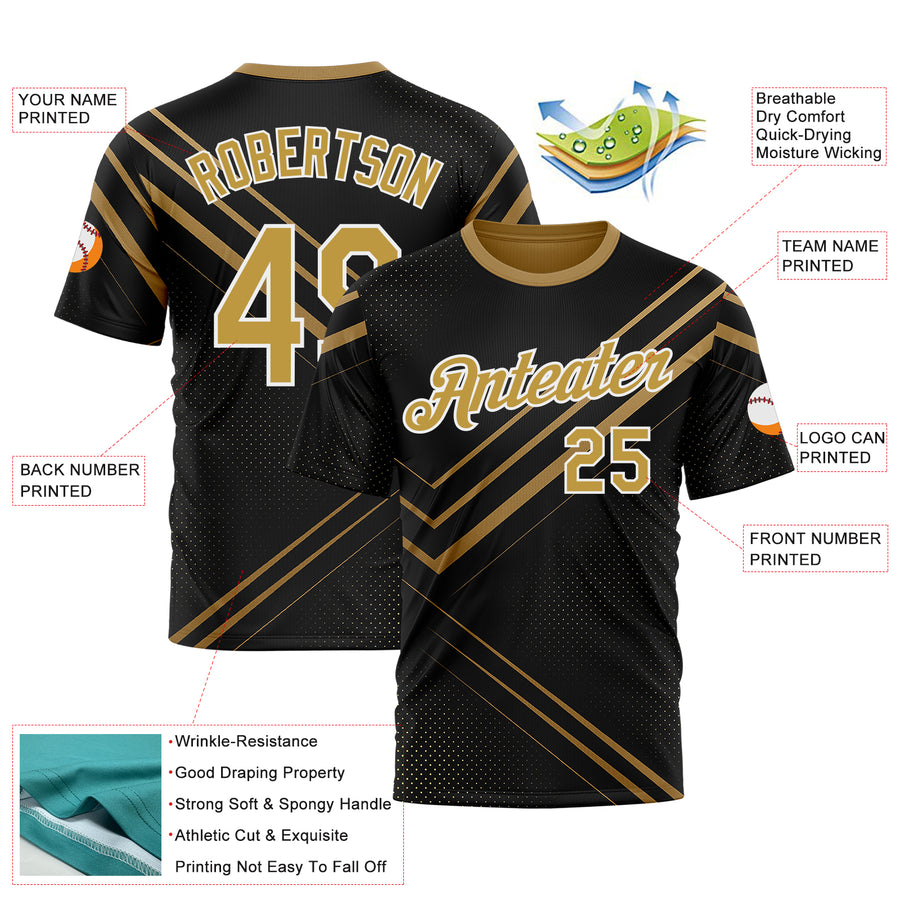 Custom Black Old Gold-White 3D Pattern Design Geometric Shape Sportswear Performance T-Shirt